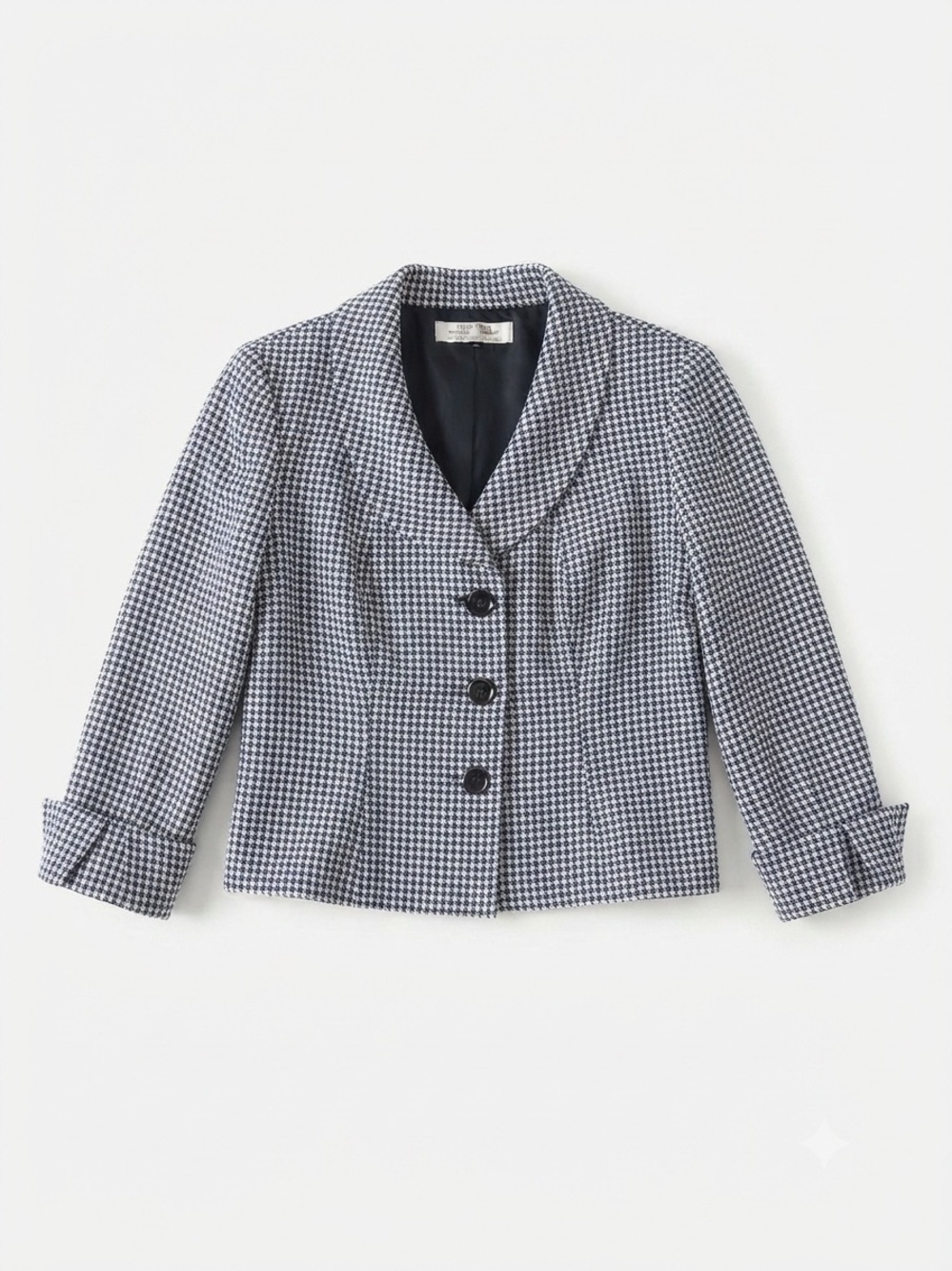 Tahari Navy Houndstooth Cropped Preppy Autumn Blazer 10P Career Wedding Guest